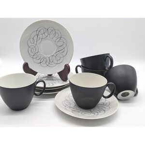 5‎ Raymond Loewy Continental China Charcoal Teacup Script Saucer MCM Rosenthal